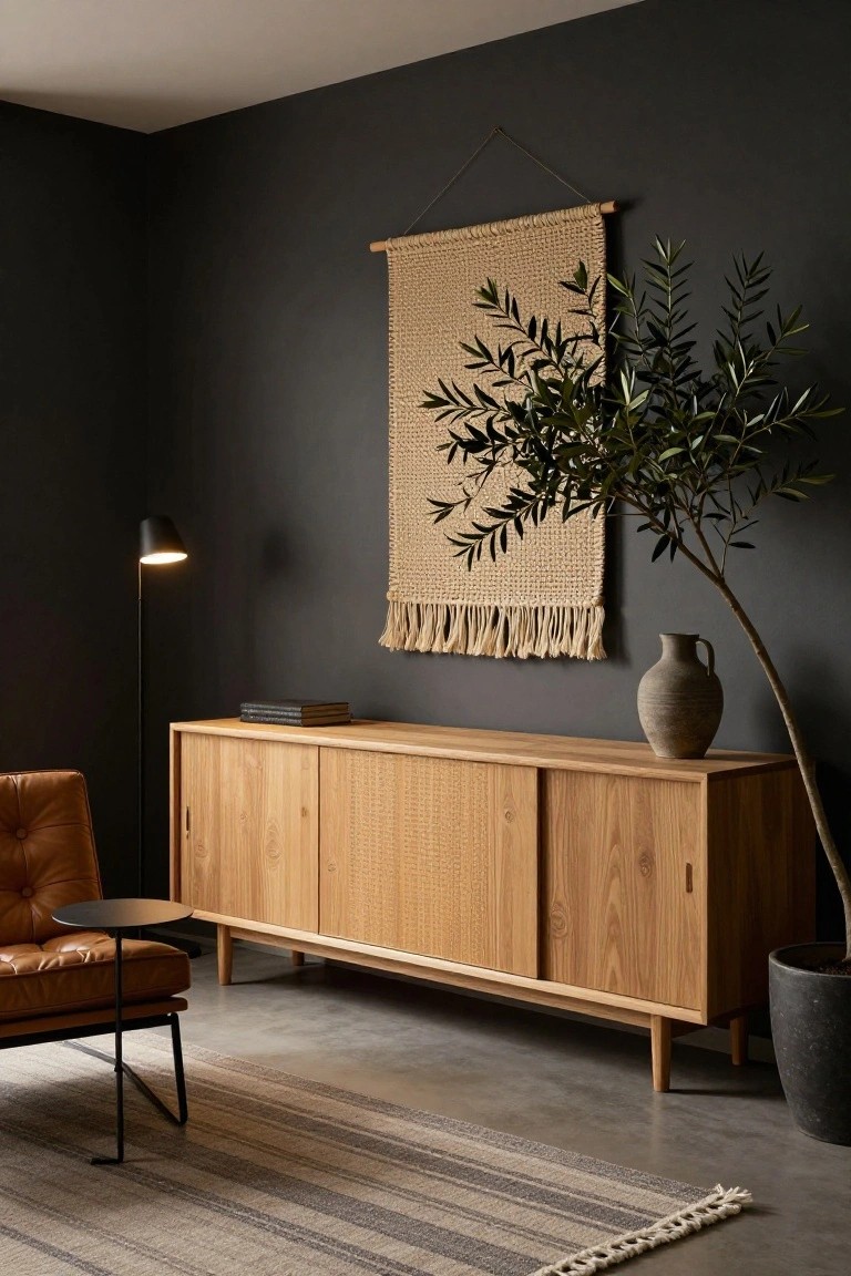 A long light wood sideboard with mixed door panels sits against a dark gray wall beneath a woven wall hanging, with a leather chair and potted tree nearby.