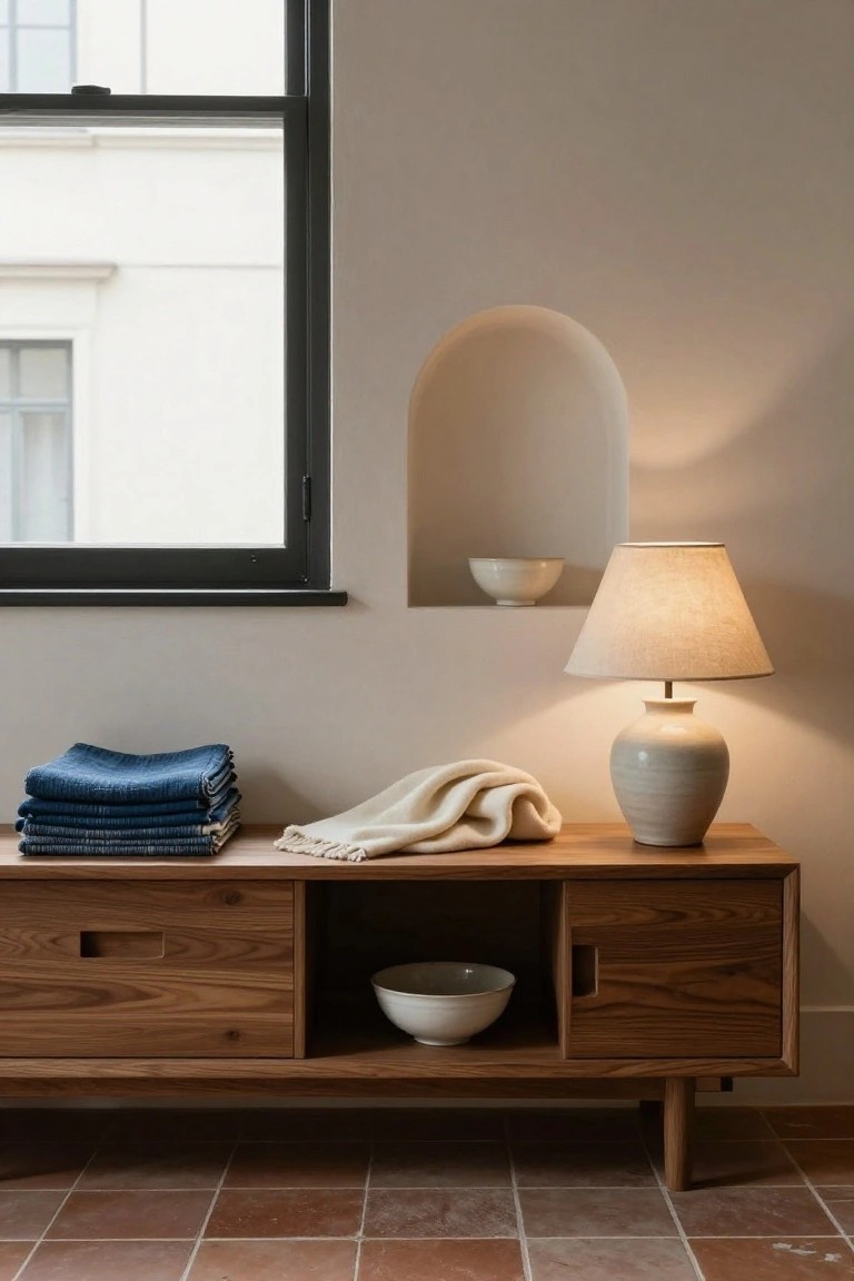 Minimalist wooden console with lamp, bowls, and folded textiles.