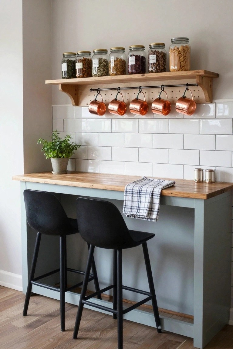 A light wood counter with gray base and two black stools sits below wooden shelves holding glass jars and hanging copper mugs against white subway tiles.