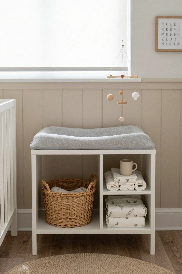A white open-shelf sideboard holds a woven basket and folded textiles beneath a gray changing pad in a neutral room.
