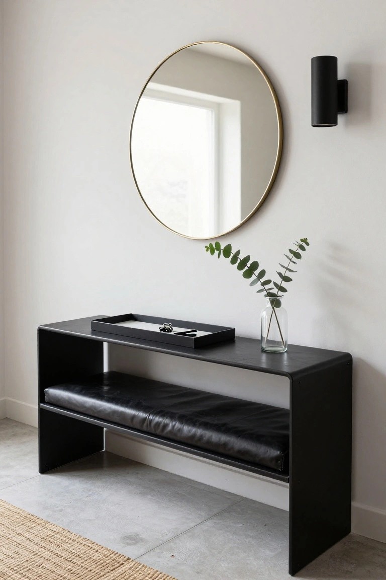 Black bench with round mirror, eucalyptus vase, and wall sconce.