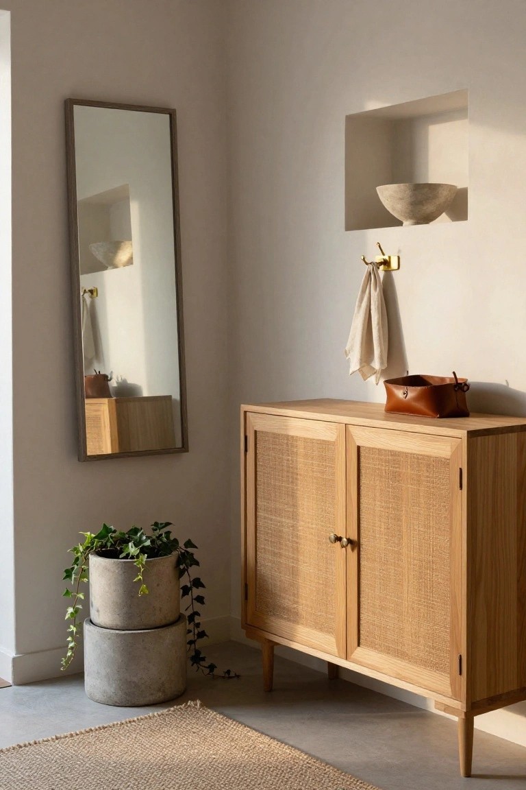 A light wood sideboard with woven cane doors sits in a minimalist room next to a tall mirror and stacked concrete planters holding a trailing plant.