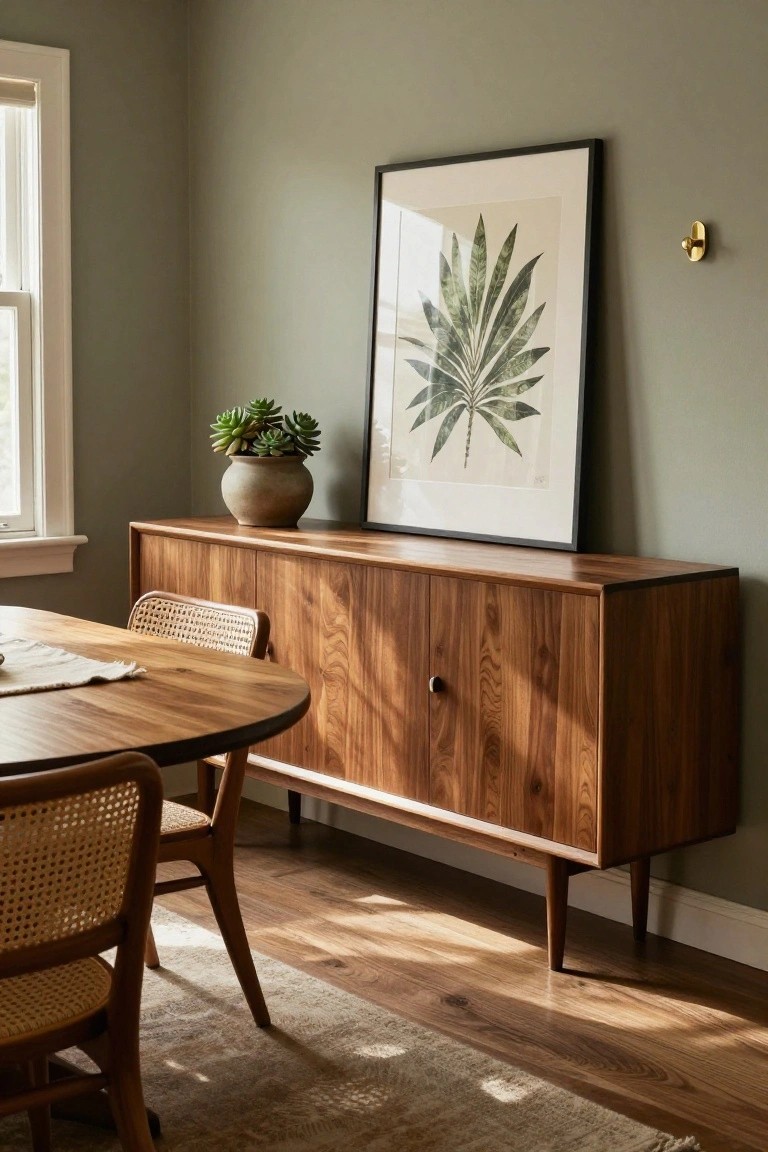 Wooden sideboard with leaf art, plant, and dining chairs in sunlight.