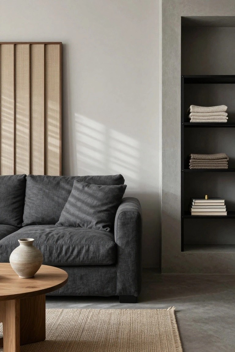 Minimalist living room with dark gray fabric L-shaped sofa, round wooden coffee table holding beige ceramic vase, built-in shelves with folded beige towels and stacked books, pale walls, slatted wooden wall panel, and beige rug on concrete floor.