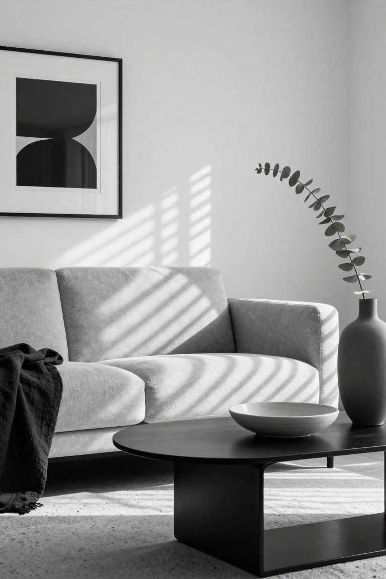 Black and white photo of a minimalist living room with light gray two-seater sofa draped in dark throw, oval black coffee table holding white bowl, tall gray vase with eucalyptus branch, abstract black and white wall art, and sunlight stripes from window blinds on white walls and light floor.