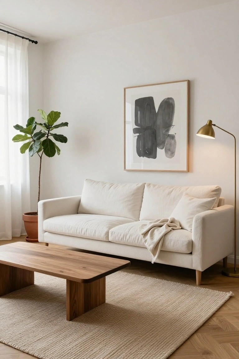 A minimalist living room with a cream linen sofa draped with a light throw blanket, low wooden coffee table, tall fiddle leaf fig plant in terracotta pot, abstract black ink artwork in oak frame, brass arc floor lamp, sheer window curtains, and beige seagrass rug on oak parquet floors.