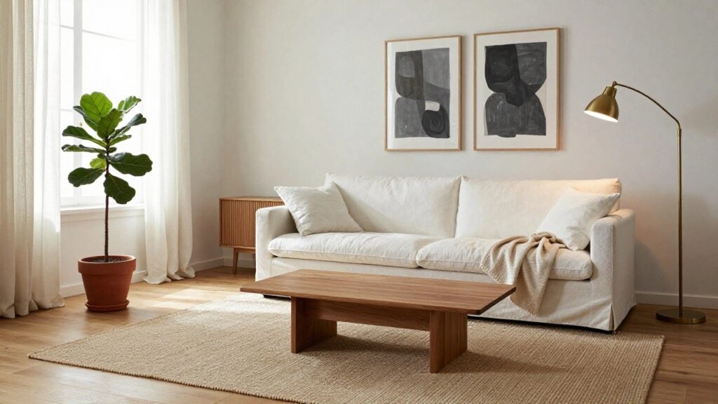 A minimalist living room with a cream linen sofa draped with a light throw blanket, low wooden coffee table, tall fiddle leaf fig plant in terracotta pot, abstract black ink artwork in oak frame, brass arc floor lamp, sheer window curtains, and beige seagrass rug on oak parquet floors.