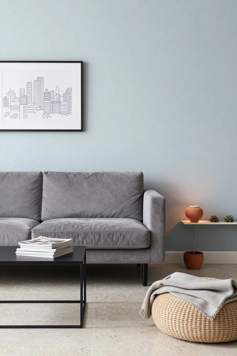 Light blue living room walls with black-framed white line drawing of city skyline, gray velvet L-shaped sofa, black metal coffee table with stacked magazines, floating shelf holding terracotta lamp and succulents, woven pouf with gray throw on light tile floor.
