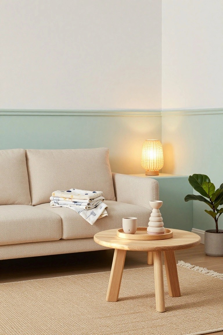 Beige three-seater sofa in a corner room with mint green walls and wood wainscoting, stacked folded white linens with subtle patterns on the arm, wooden round coffee table with ceramic cups and stacked beads, rattan lamp on wall shelf, potted fiddle leaf fig plant, and seagrass rug on wood floor.