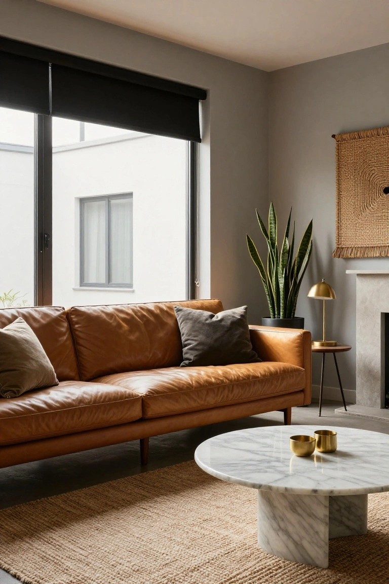 Modern living room with tan leather sofa on thin legs, gray and beige pillows, round white marble coffee table on seagrass rug, tall snake plant in black pot next to marble side table and lamp, neutral gray walls, large window with black blinds, and marble fireplace.