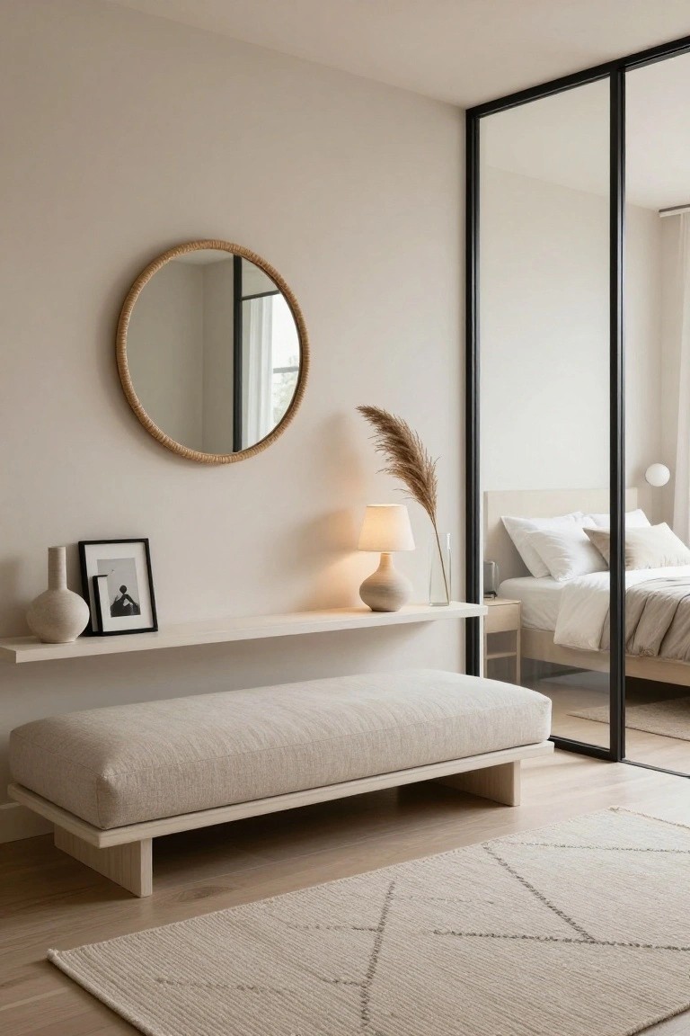 A low beige linen bench with wooden legs sits against a beige wall under a white floating shelf holding a ceramic vase, lamp, pampas grass, and framed photo, next to black-framed glass doors to a white bed in a light wood floor room.