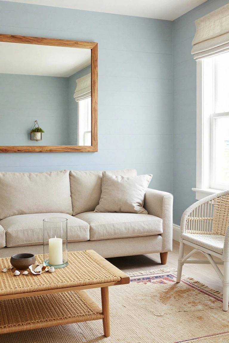 Light beige linen sofa in a pale blue shiplap-walled room facing a low rattan coffee table with a glass-domed white candle, seashells, and a small bowl, next to a white rattan chair and large wooden mirror on the wall.