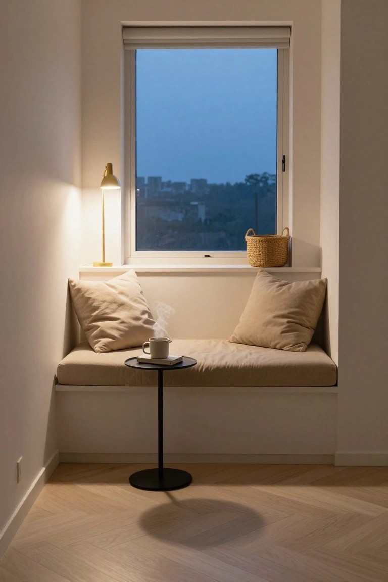 Built-in beige window bench with two large cushions, small black side table holding white mug with steam and book, gold lamp beside it, wicker basket on wide sill, in white room with herringbone parquet floor and dusk city view through window.