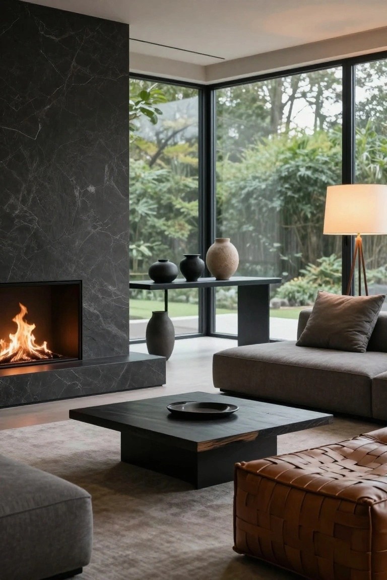 Minimalist living room interior with gray L-shaped sofa, tan woven leather ottoman, black square coffee table holding a small plate, black marble fireplace with burning fire, wooden shelf with ceramic vases, white tripod floor lamp, and large windows overlooking lush green garden.