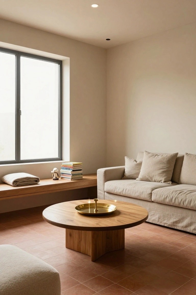 Beige linen sofa in a minimalist room with low round wooden coffee table holding brass tray and candles, wooden bench by window with stacked books folded blanket and small toy, beige cushions and ottoman on terracotta tile floor.