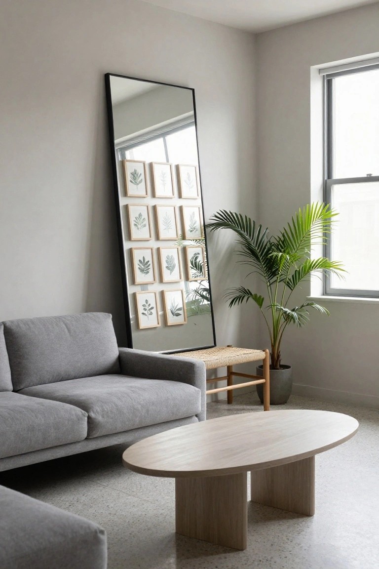 Light gray low-profile sofa next to an oval light wood coffee table on a terrazzo floor, with a tall black-framed mirror, grid of framed botanical prints, rattan stool, potted palm plant, and window in a minimalist room.