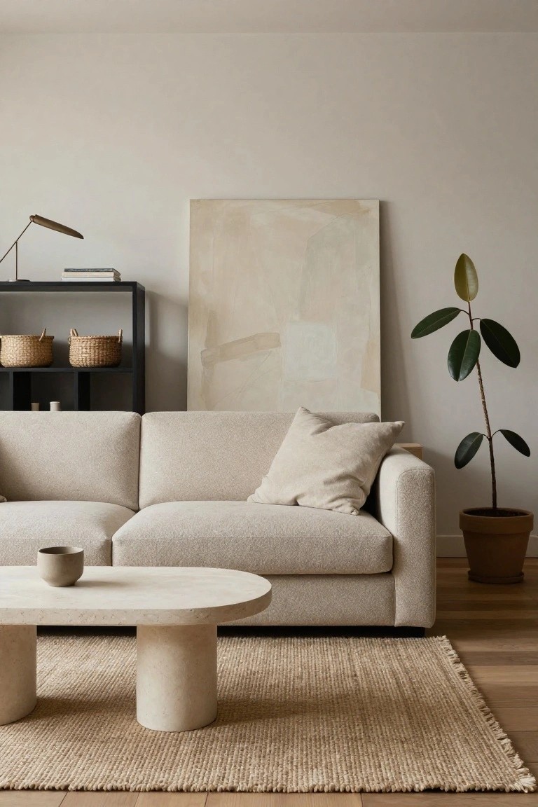 A cream bouclé fabric sofa with a single pillow sits on a beige seagrass rug in a minimalist living room, paired with an oval white stone coffee table holding a small ceramic cup, beside a potted fiddle leaf fig plant, black shelving unit with woven baskets, abstract beige wall art, arc lamp, and light walls with oak flooring.
