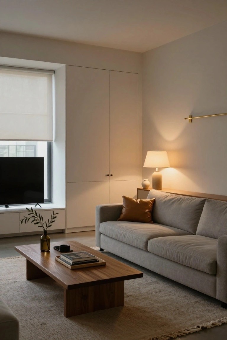 Light gray L-shaped sofa with one rust throw pillow in a minimalist living room, low wooden coffee table with stacked books and vase, TV on windowsill, neutral walls and beige rug.