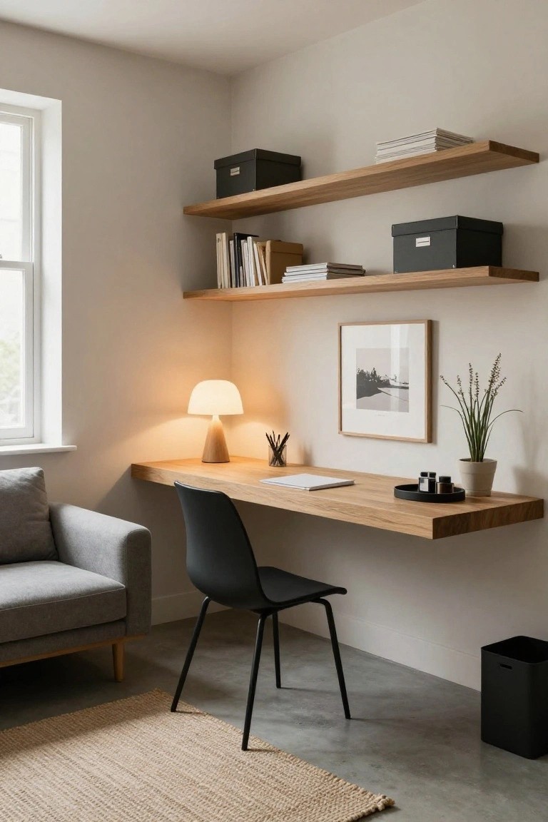 Minimalist interior with gray fabric sofa next to floating oak desk, black chair, oak shelves with books and boxes, table lamp, potted plant, framed photo, window, rug, and trash bin on concrete floor.