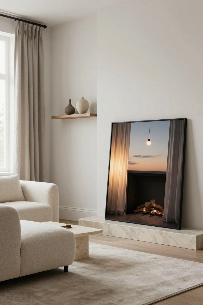 Modern living room with fireplace, marble mantel, beige sofa, and sunset artwork.