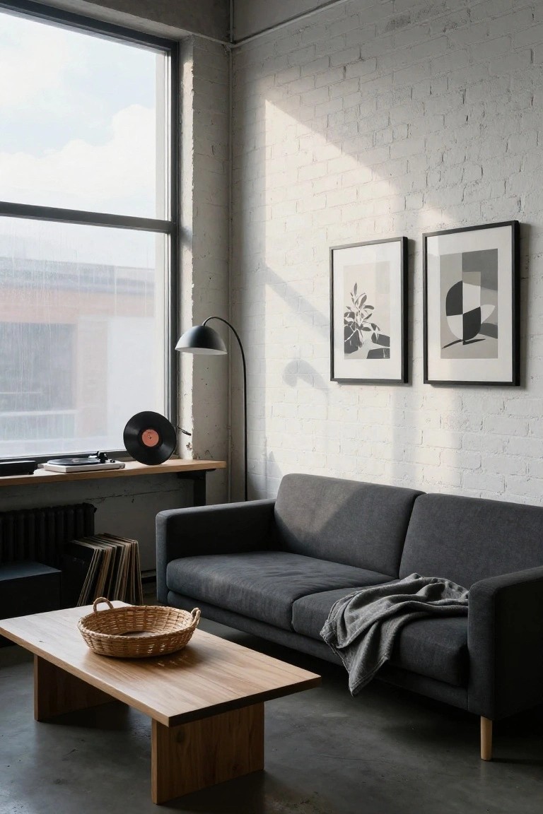 Gray two-seater sofa with light gray throw blanket draped over one end, low wooden coffee table holding wicker basket, in white brick-walled room with large windows, record player shelf, and two black-framed abstract prints.