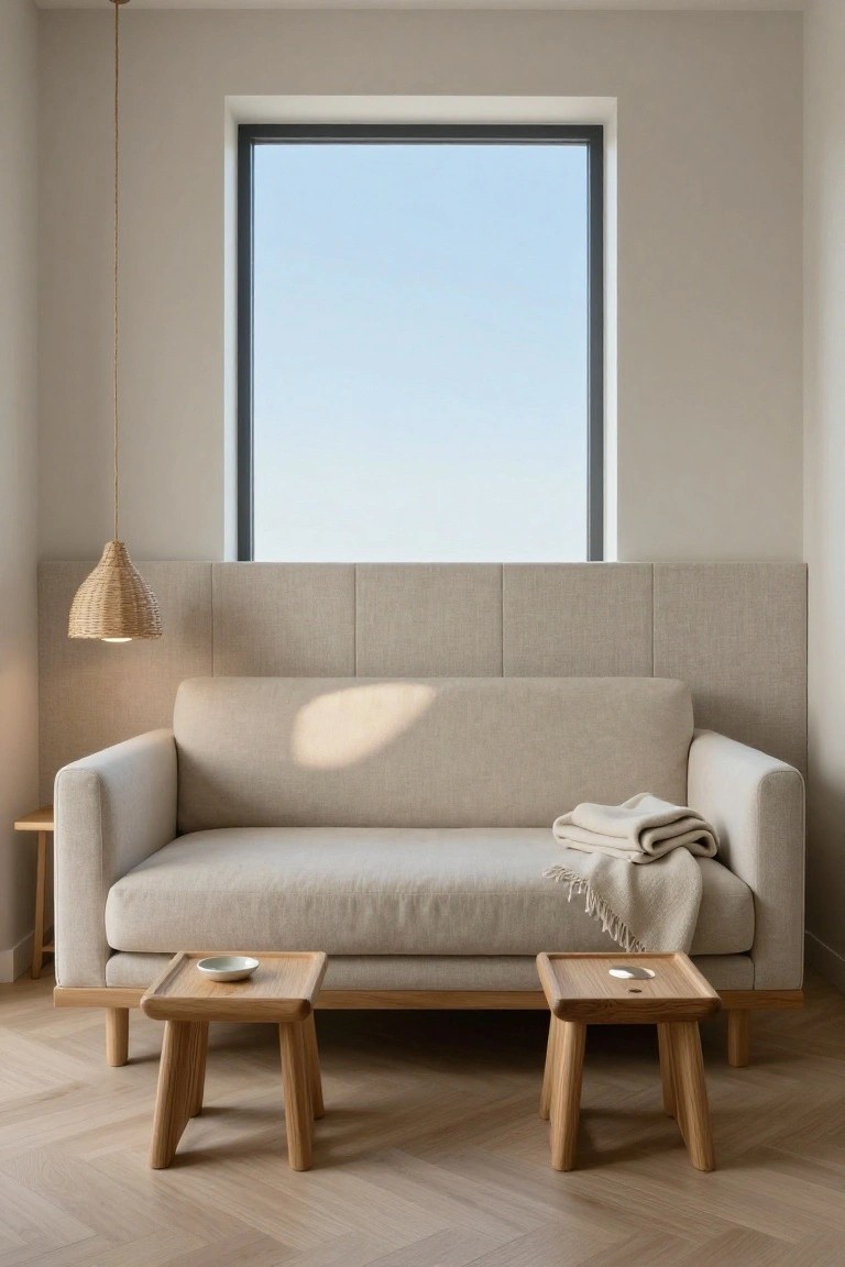 Light beige minimalist sofa in a neutral room with two low wooden stools as side tables each holding a small dish, a cream throw draped over the arm, rattan pendant lamp, paneled wall, and large window showing blue sky over herringbone wood floor.