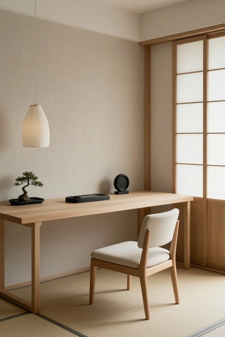 A light wood rectangular desk with a simple chair sits on tatami mats in a minimalist room with a shoji screen and hanging paper lantern.