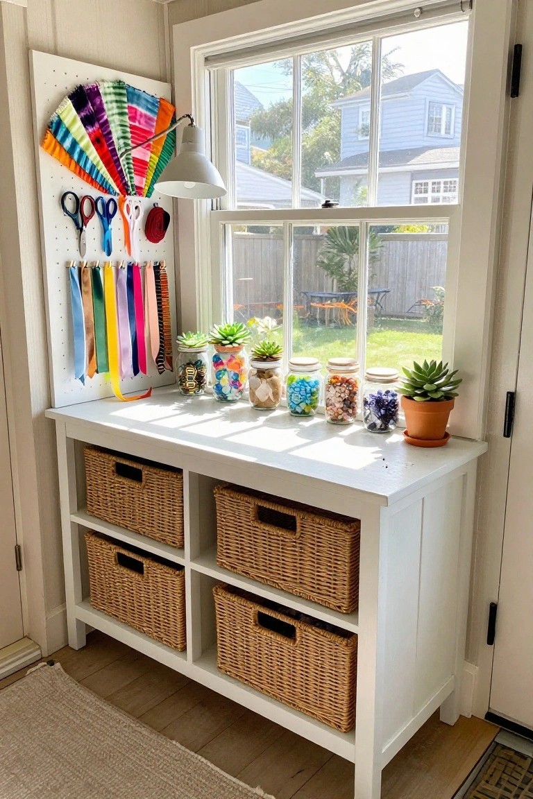 White work table with four woven baskets stored in open cubbies beneath the surface, placed under a window with small jars and plants on top.