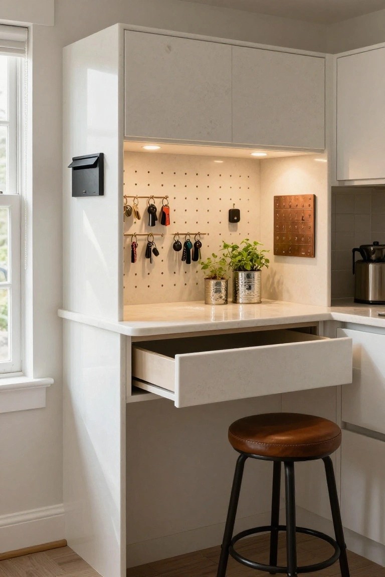Modern kitchen nook with pegboard, marble counter, open drawer, and stool.