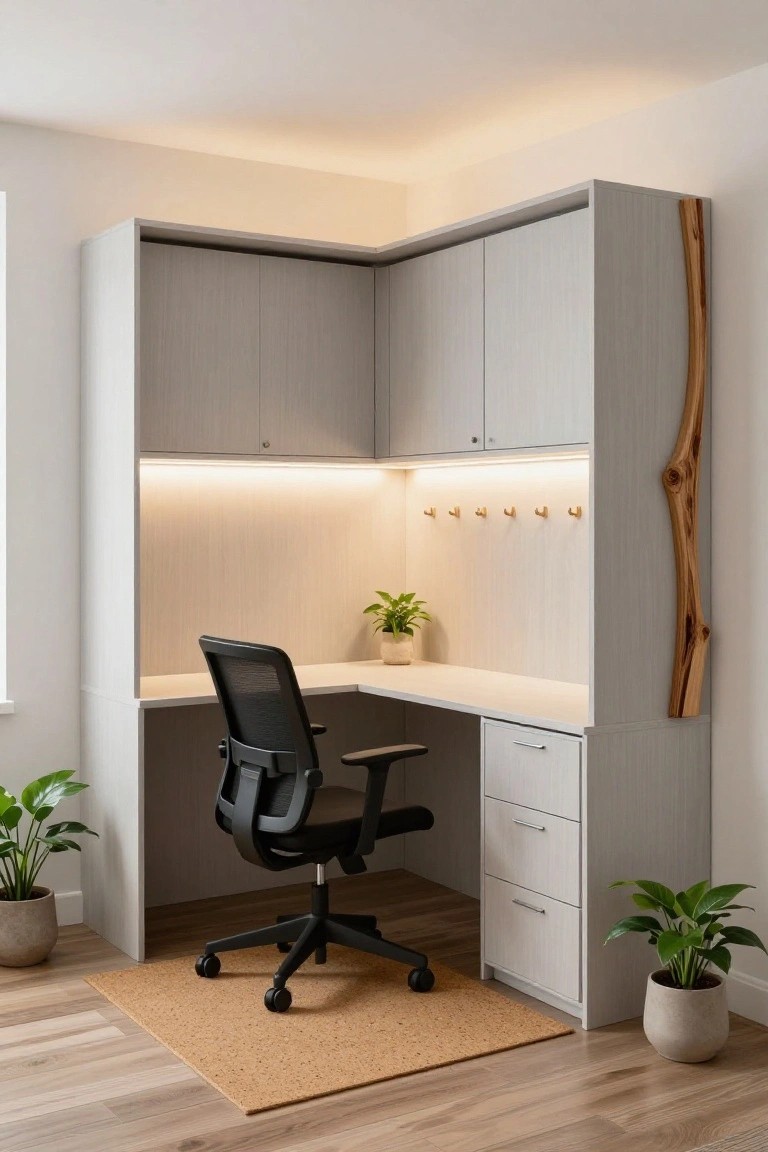 Modern L-shaped corner desk with built-in cabinets, office chair, and plants.