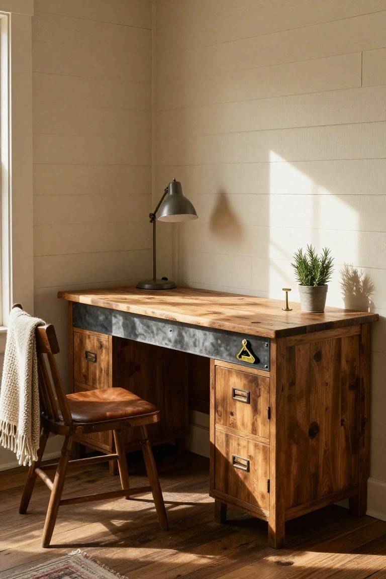 A wooden desk with metal trim and storage drawers positioned in a room corner next to a wooden chair.