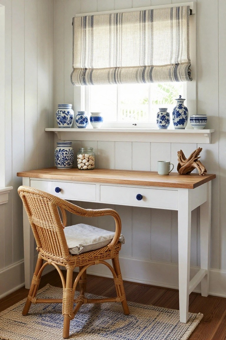 A white desk with a wooden top and two drawers sits under a window with a shelf above holding blue and white ceramic vases, and a wicker chair with a cushion is pulled up to the desk.