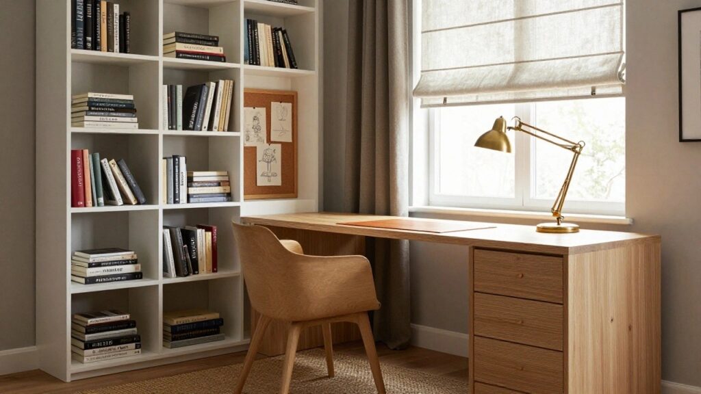 18 Modern L Shaped Corner Desk Ideas for a More Functional Layout A light wood L-shaped corner desk with drawers on one side, a wooden chair, brass desk lamp, wall shelves filled with books, and a corkboard with drawings pinned to it.