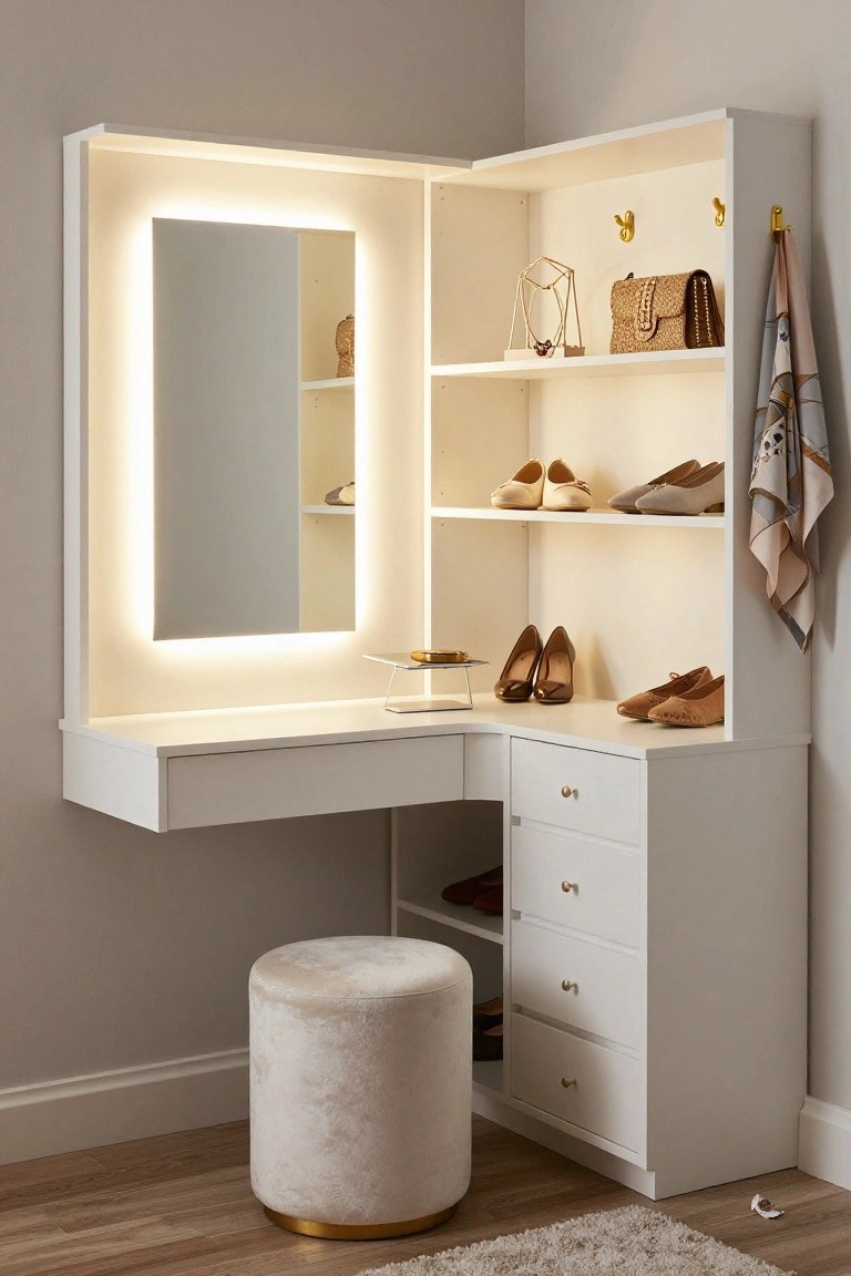 A white L-shaped corner vanity with an illuminated mirror, open shelves holding shoes and accessories, and multiple drawers underneath.