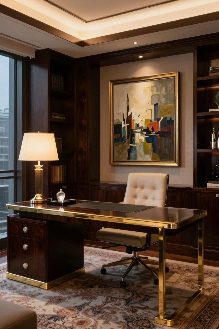 A modern executive office with a dark wood and gold L-shaped desk, white leather chair, and large abstract painting above.