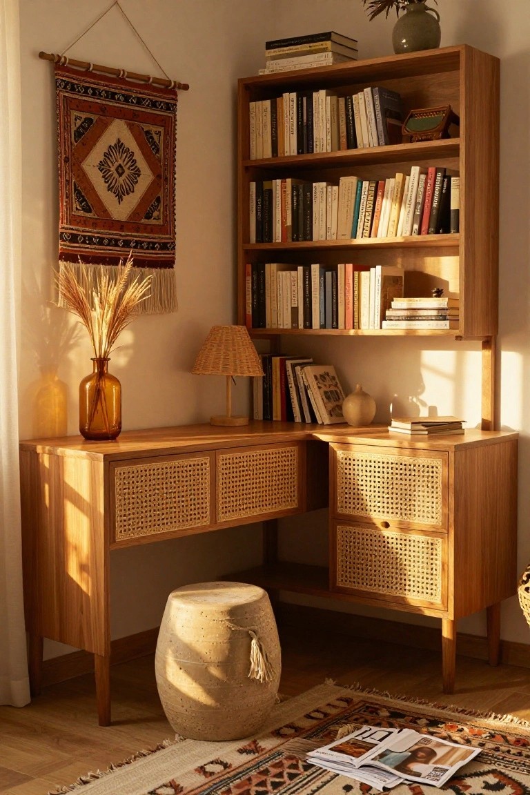 A light wood L-shaped desk with cane panel fronts sits in a corner under a matching bookshelf unit filled with books, next to a woven lamp and an amber glass vase.