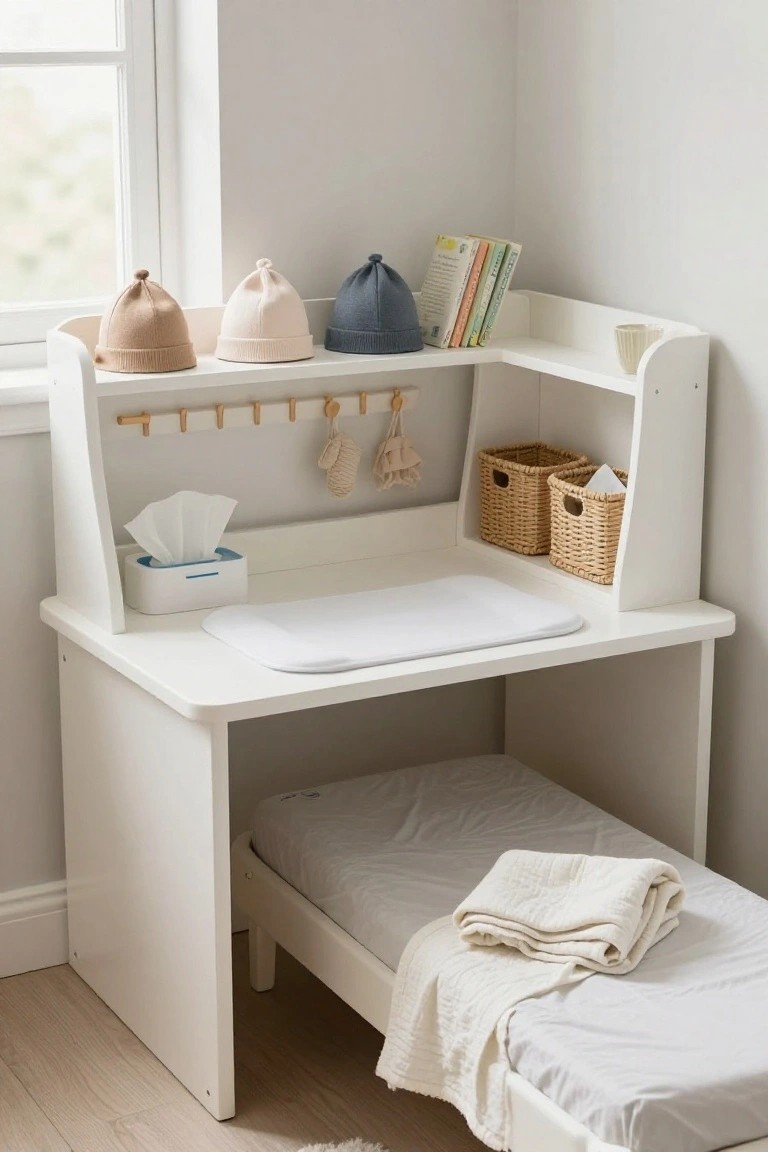 A white L-shaped corner desk unit with a changing pad, wall hooks, shelves holding hats and books, wicker baskets, and a bed with white bedding below.