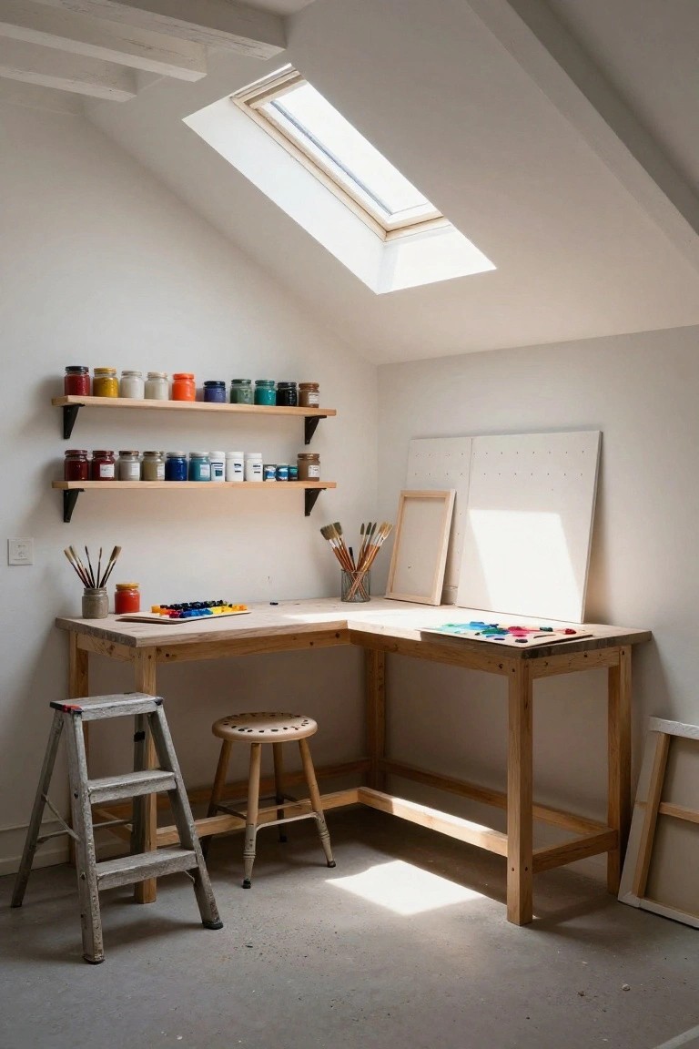 Artist's sunlit wooden studio with paint shelves, stool, and skylight.