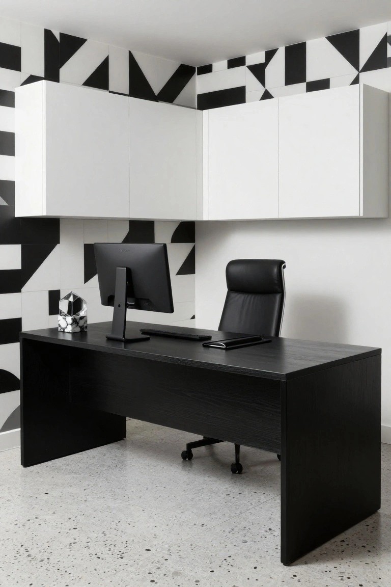 A black L-shaped desk sits in the corner of a room with white overhead cabinets, a black office chair, and a computer monitor on the desk.