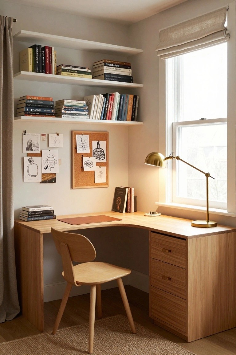 A light wood L-shaped corner desk with drawers on one side, a wooden chair, brass desk lamp, wall shelves filled with books, and a corkboard with drawings pinned to it.