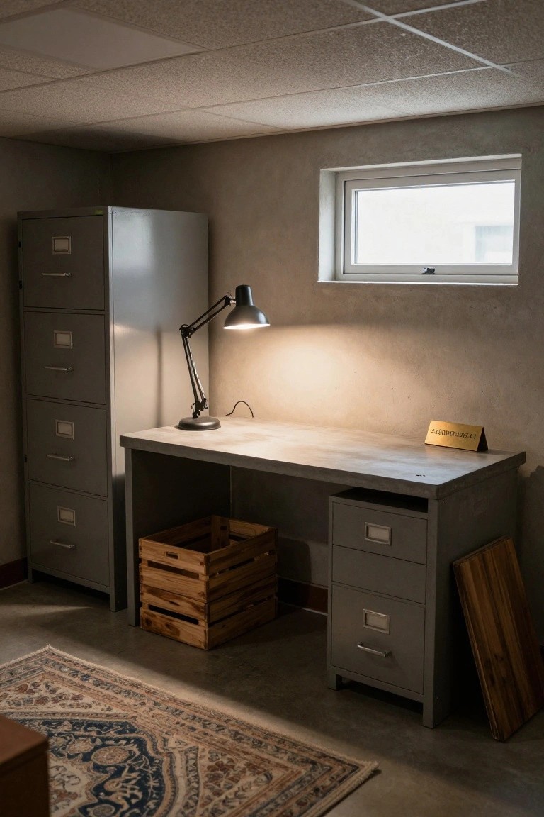 A dimly lit office with a concrete desk, lamp, filing cabinets, and rug.