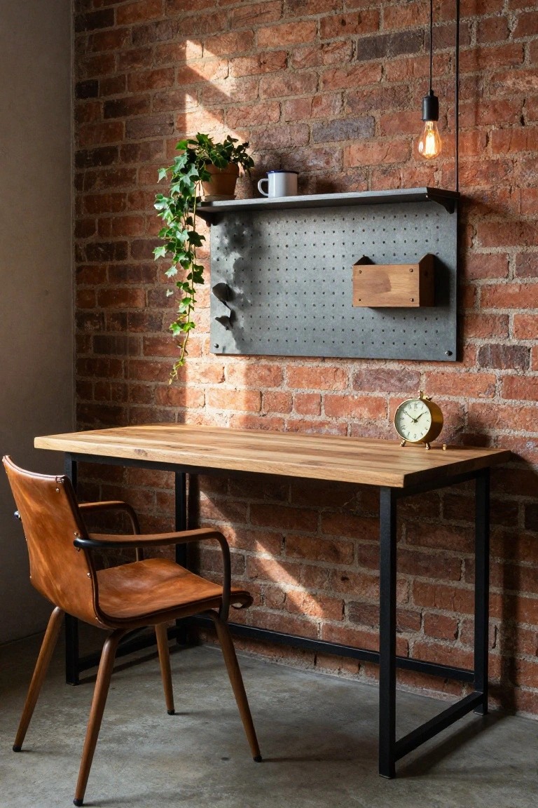 Modern wooden desk with leather chair against exposed brick wall.