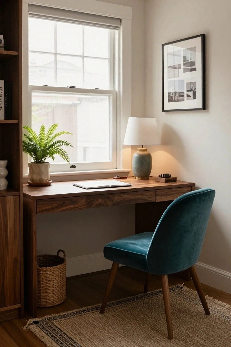 Wooden desk with teal velvet chair near window, lamp, and fern plant.