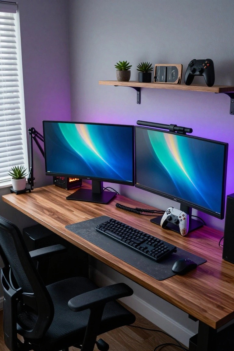 Modern gaming desk setup with dual monitors, keyboard, and controllers.
