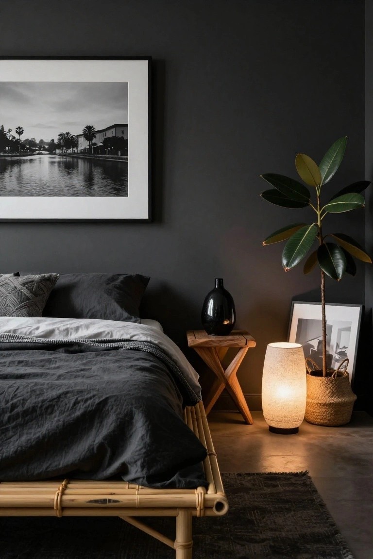 Bedroom with dark gray walls featuring a framed black-and-white photo of a canal, a natural bamboo bed frame with gray linens, a wooden side table holding a black vase and lamp, a potted plant, and a woven basket nearby on a concrete floor.