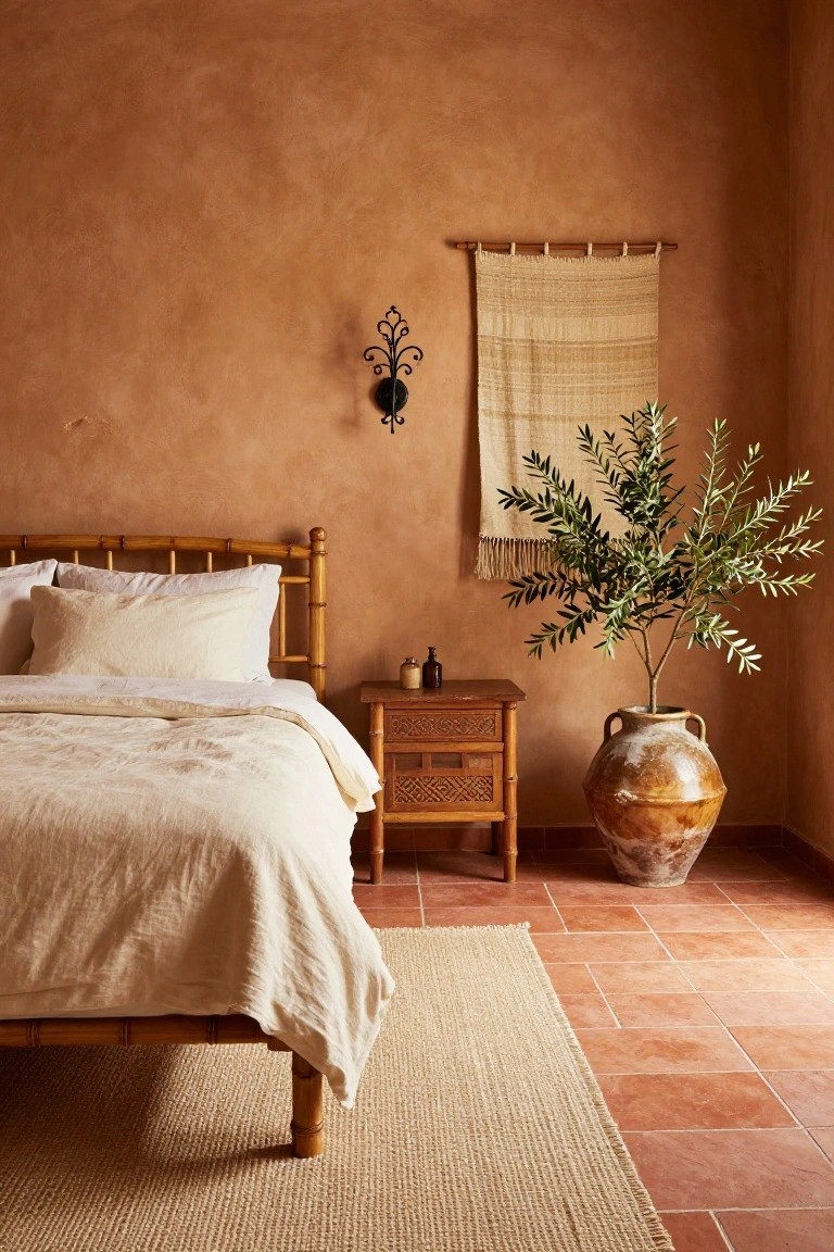 Bedroom interior with bamboo bed frame, white linen bedding, rattan nightstand, woven wall hanging, olive tree in large terracotta pot, wall sconce, on terracotta tiled floor with textured orange-brown plaster walls.