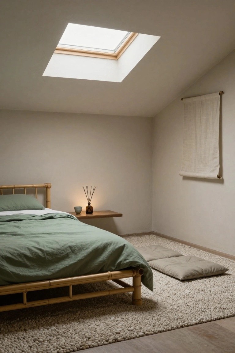 Bedroom corner with bamboo bed frame and sage green bedding, skylight in sloped ceiling, wall shelf holding diffuser and cup, beige floor cushions, and pebble-textured rug on wood floor.