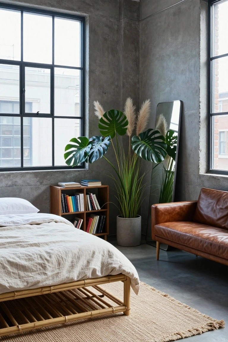 Corner of a bedroom with exposed concrete walls and floor, low bamboo bed frame with white linens, large monstera plant and pampas grass, wooden bookshelf, brown leather armchair, full-length mirror, and large metal-framed windows.