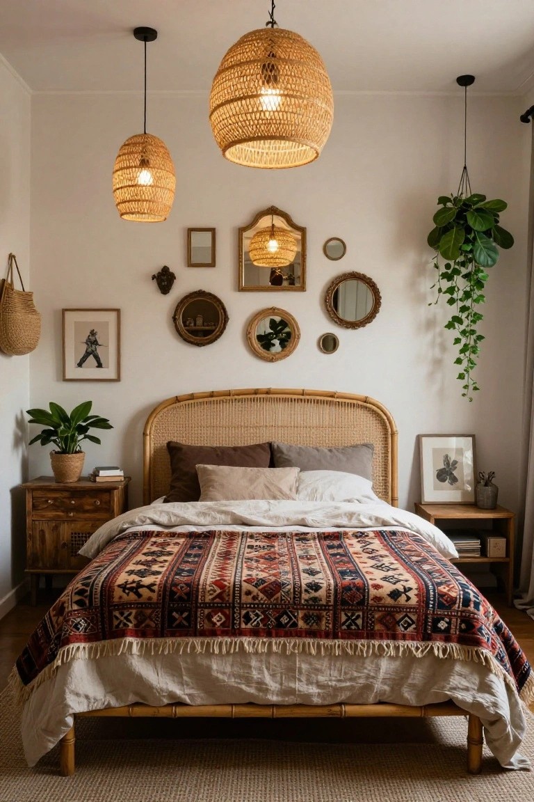 Bedroom with bamboo bed frame featuring rattan headboard, red and black patterned bedspread, woven pendant lights, assorted wall mirrors, hanging plants, and potted greenery on wooden nightstands.