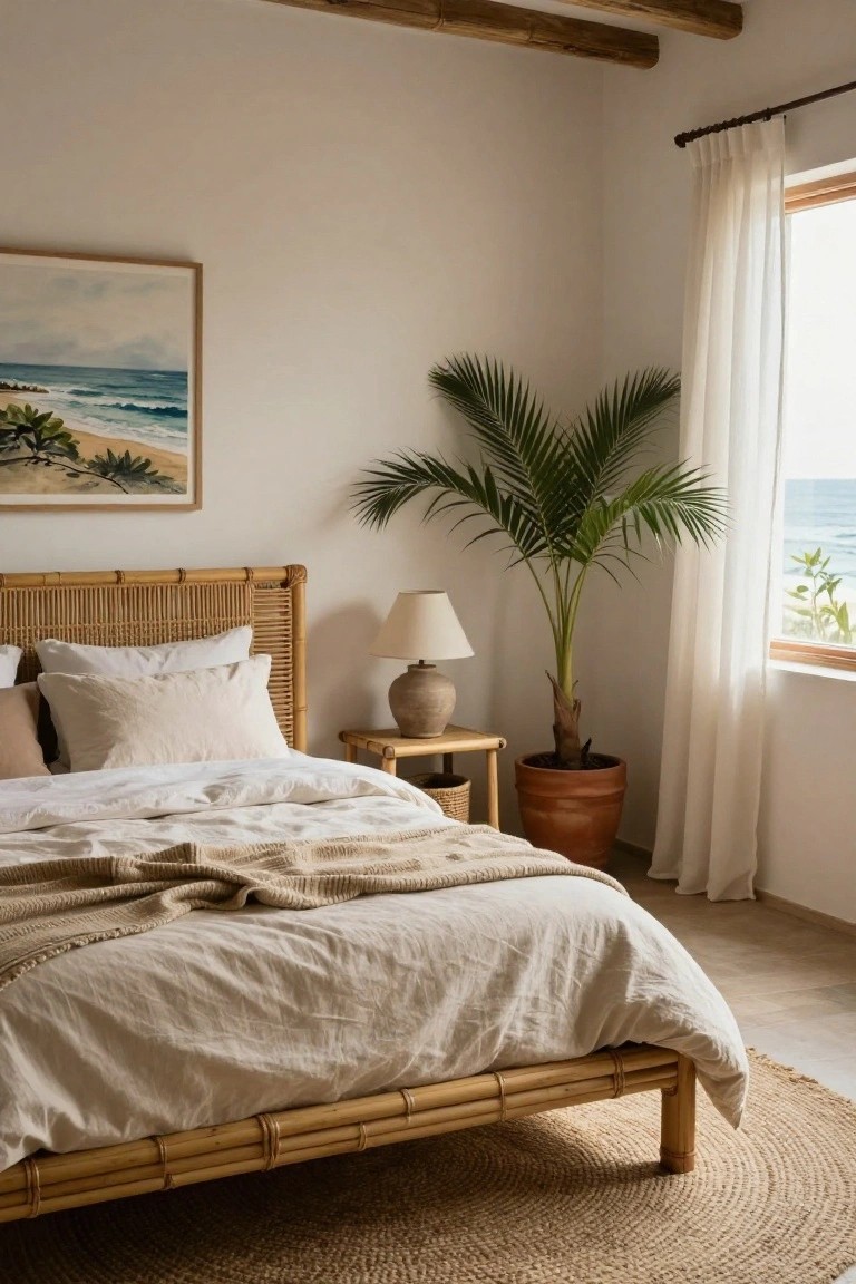 Bedroom with woven bamboo bed frame and headboard, white linen bedding and beige throw, bedside table with lamp, tall palm plant in terracotta pot, sheer curtains on window showing ocean view, and beach painting on wall.